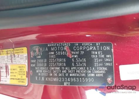 2009 Kia Sedona Lx from USA, damaged, VIN KNDMB233496315990